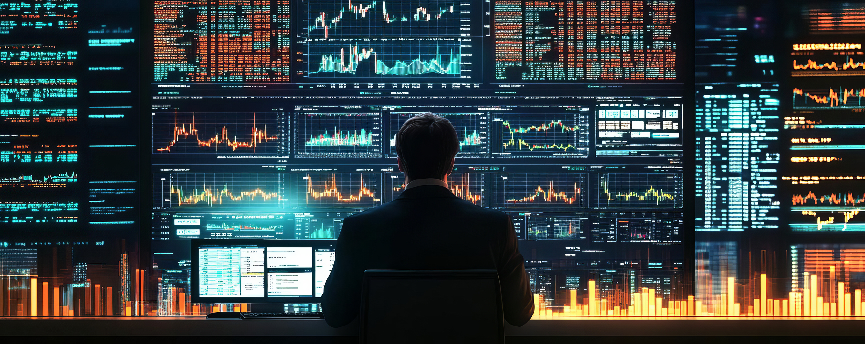 Digital screens displaying financial market charts and a person