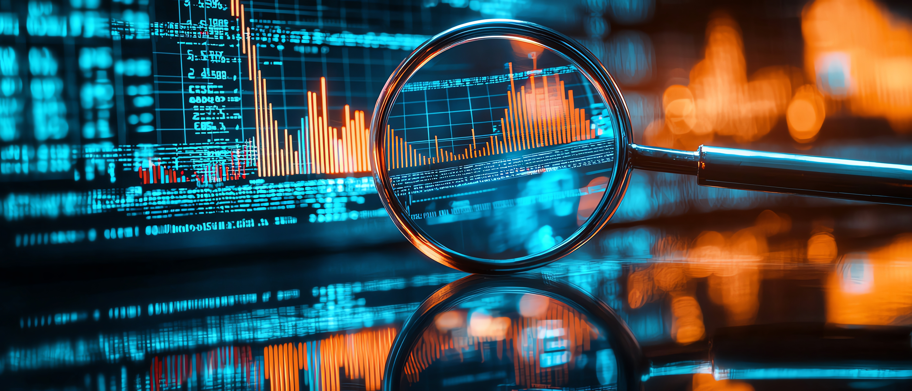  Finanzdaten auf Monitor mit Lupe