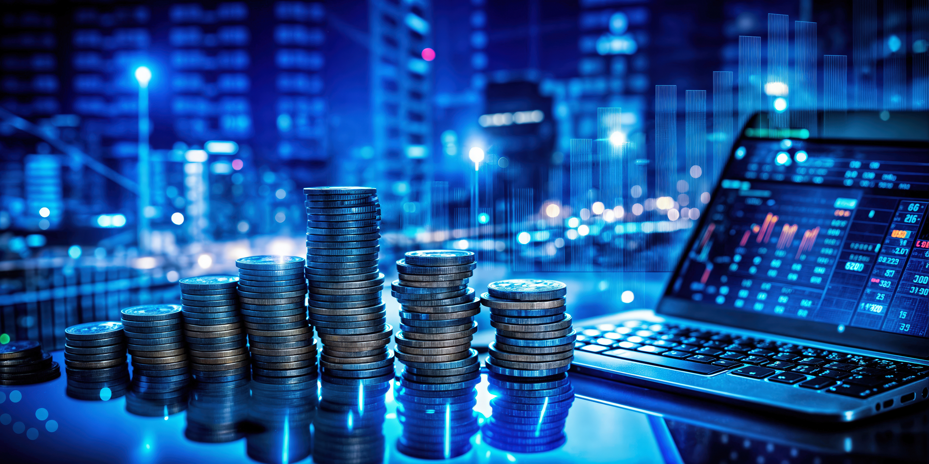 Stacked coins and a laptop with financial analyses