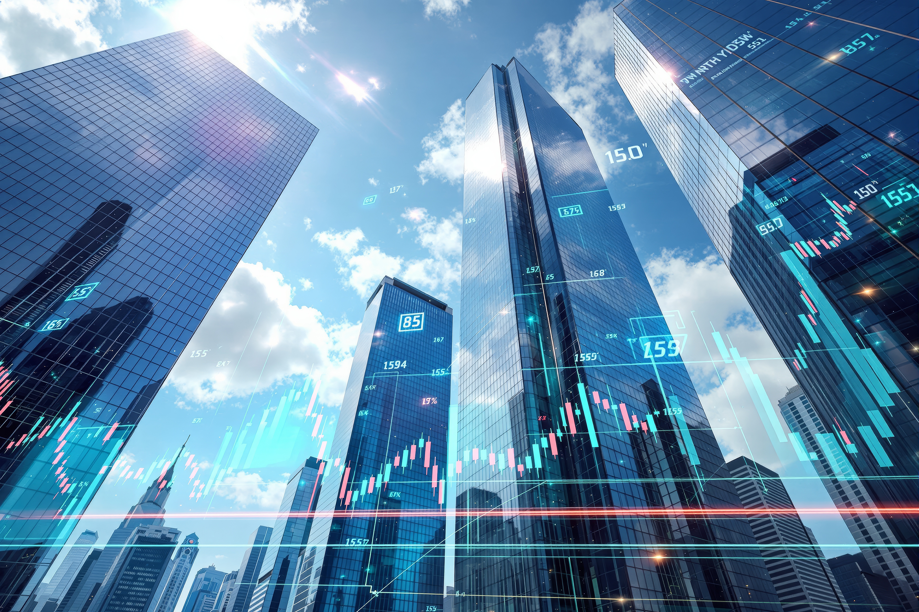 Glass skyscrapers with financial graphs and numbers overlay, futuristic graphic style