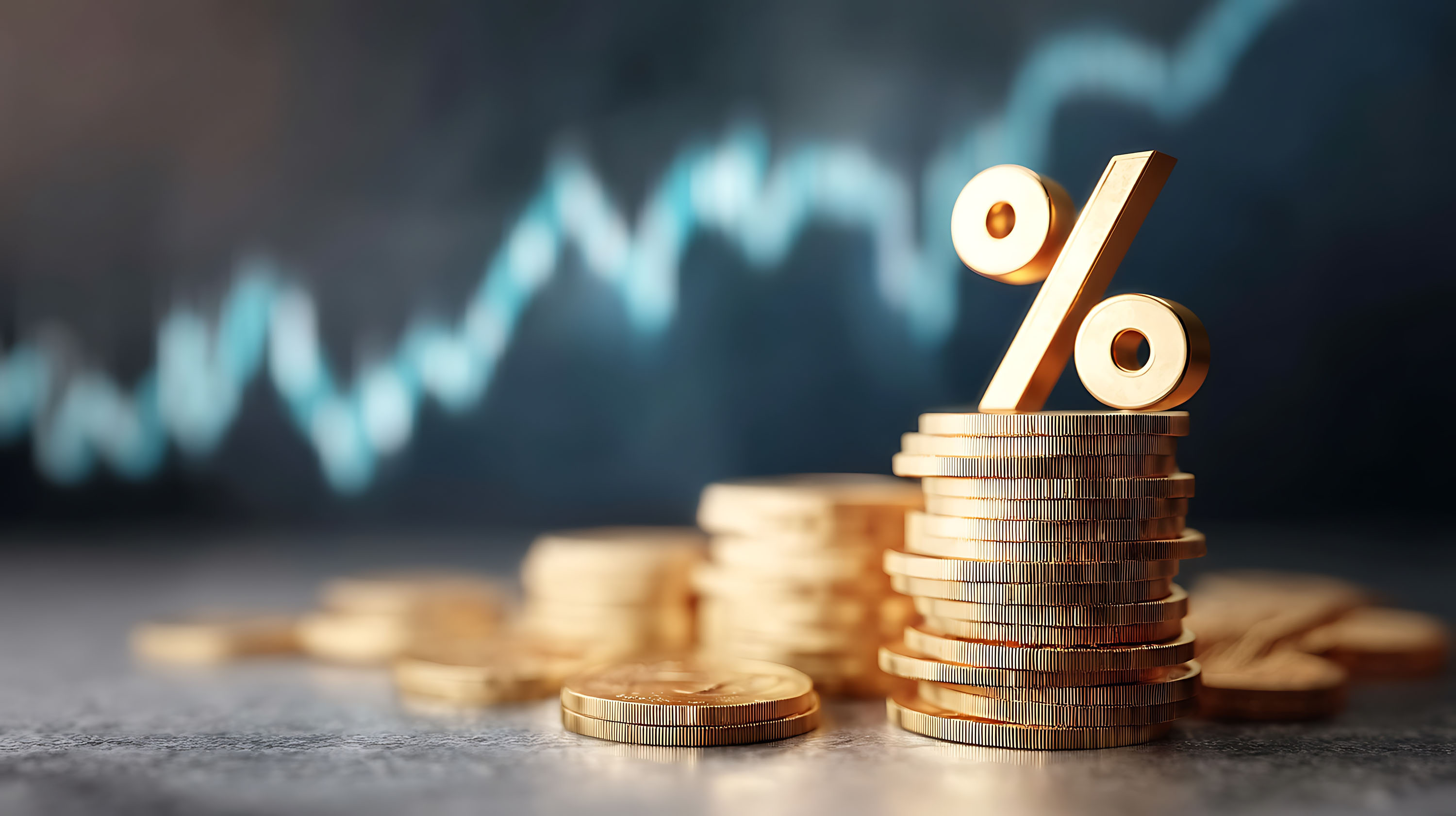 Gold Coins Stacked High with Percentage Sign