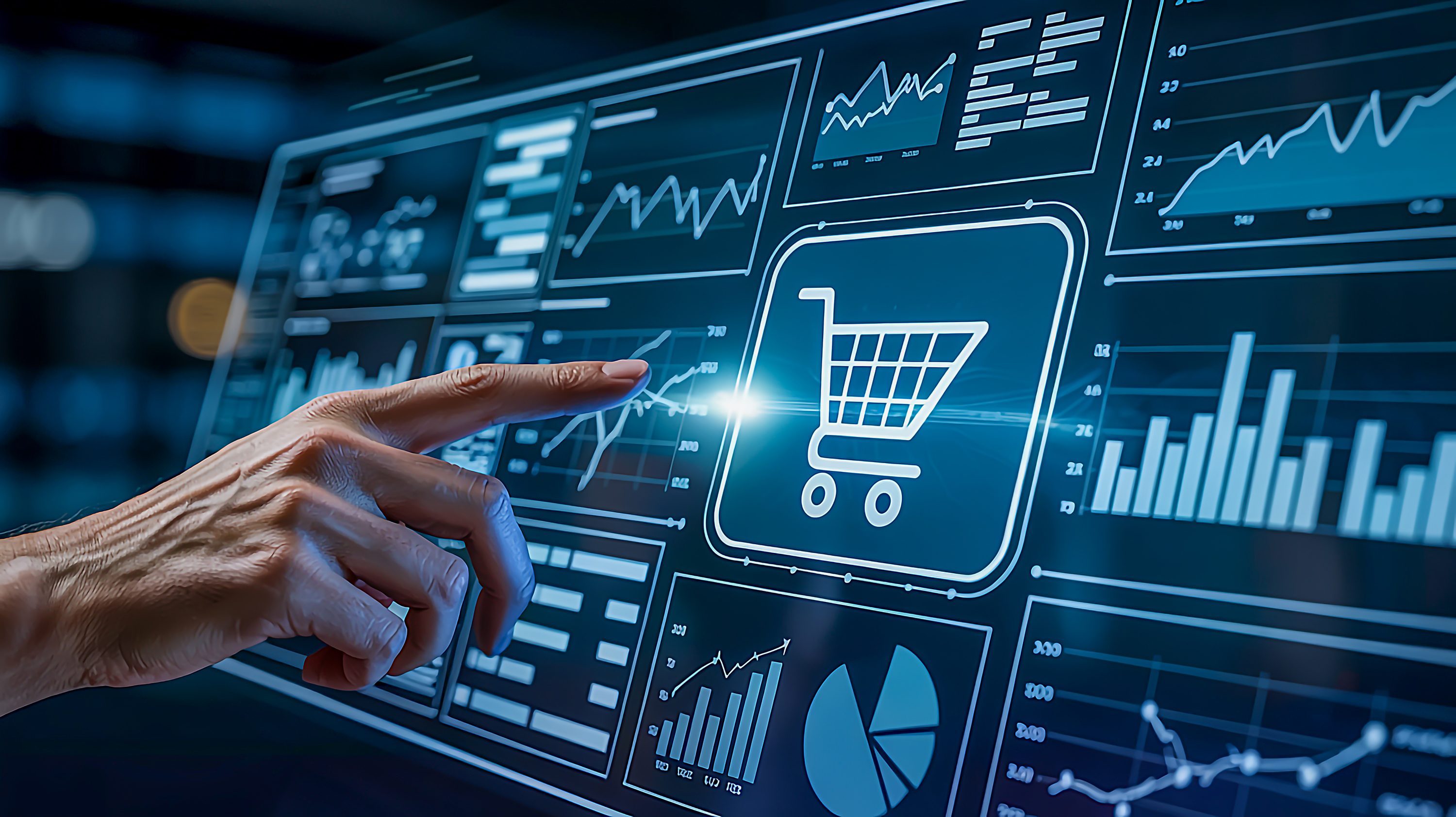 Shopping cart icon with analysis charts and data visualizations 
